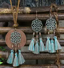 Boho Zinc‎ Alloy Wood Retro Design Tribal Necklace & Earrings Set