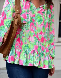 Lilly Pulitzer Women's Floral Tensley Top Medium Long Sleeve Ruffle Hem Tassel