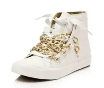 Upper Echelon Nise Leather White 18K Gold-Plated Chain Sneakers High-Cut 7.5