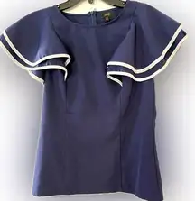 On Twelfth Navy Top Double Ruffle Sleeve with White Piping, Polyester/Spandex, M