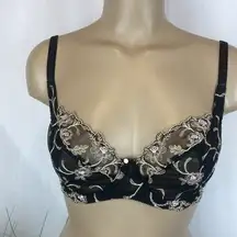 Soma Black & Taupe Embroidered Floral Sheer Unlined Underwire Bra NEW 32D