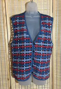 Koret City Blues Vintage 1990s Y2K Blue Denim Patchwork Open Holes Vest Large