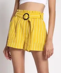 Yellow Striped High Waist Elastic Waist Belted Shorts - Small New