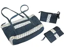 Navy Blue & White Design Bag Set Purse Travel Cosmetics Wallet Cardholder Style!