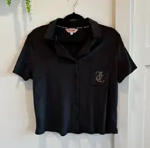 Juicy Couture Black Velour Button Up Sleepwear Top Stud Bling Juicy Back Size L
