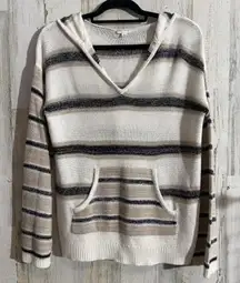 Hem & Thread women's Medium  Striped Knit Hoodie Sweater Cozy V-Neck Pocket