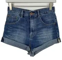 One x One Teaspoon Blue Harlets Cuffed High Rise Denim Jean Shorts 25