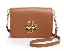 Tory Burch Britten Brown Leather Gold Logo Combo Crossbody Bag Purse