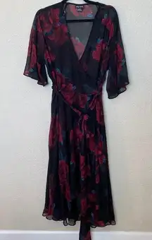 City Chic Floral MIDI Dress black and red roses wrap dress size Large / 20