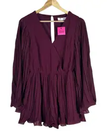 NWT She + Sky Pleated Romper Womens L Purple Long Sleeve V-Neck Flowy Romantic