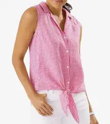 Tommy Bahama Pink Linen Shirt Tie Front Sleeveless Gingham Way Camp Shirt Sz XL