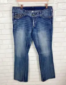 Cache Distressed Embellished Pockets Bootcut Denim Jeans Size 12