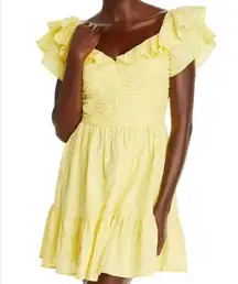 AQUA V-Neck Ruffled Eyelet Mini Dress Women's Large Yellow Short Flutter Sleeve