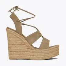 Saint Laurent Platform Espadrille Wedge Sandal Heels Ankle Wrap Tan Suede 38.5