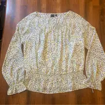 Karri Blue Blouse NWT Large White Nlue Yellow Brown Watercolor Dots