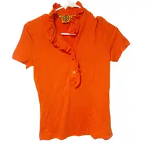 Tory Burch Orange Ruffle Mock Neck Short Sleeve Polo Size XS‎