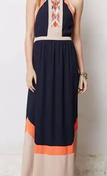 Lulumari Cream Navy and Orange Halter Maxi Dress Size Large EUC