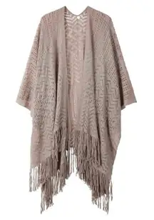 Fringe Knit Shawl Wrap Poncho Cape - Taupe Khaki Color OSFM - New