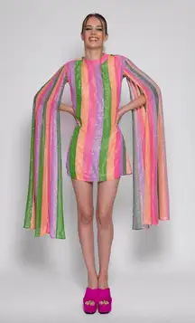 Sundress Mahina Long Cape Sleeve Metallic Striped Mini Dress XS