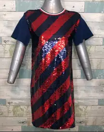 NWT Flag Blue/Red  Sequin Short Sleeve Dress