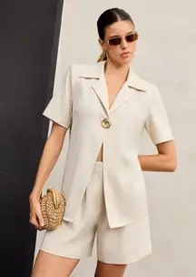 NWT Beige Linen Blend  Short Sleeve Top  and Shorts Set Large Commense 