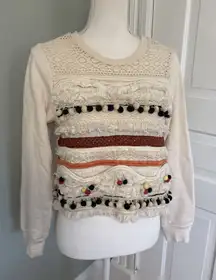 Anthropologie Forever That Girl Fringed Pompom Cream Sweatshirt Size Small