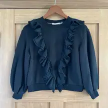 Alice + Olivia Black Carrie Ruffle Crewneck Sweatshirt Balloon Sleeve Size XS​