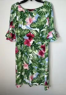 Pappagallo Womens Tropical Floral‎ Shift Dress M Green Pink Ruffle Sleeve Vacay