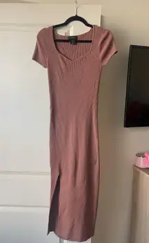 Tan short sleeve midi sweater dress