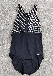 Nike Rush High Neck One Piece Swimsuit Womens M Black White Geo Criss Cross Back