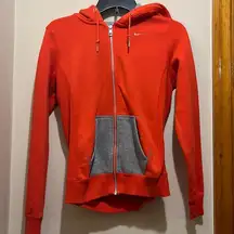 Nike Zip Up Drawstring Hoodie Orange-Red Gray pockets Woman’s Size XS