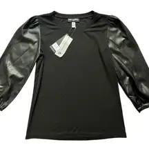 NWT Karl Lagerfeld Faux Leather 3/4 Puff Sleeve Blouse Black XS Edgy Glam Chic