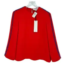 Galvan‎ London NWT Misti Long Sleeve Crepe Pom Pom Blouse 4 Red Cobalt