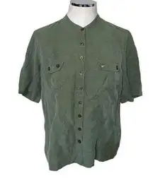 Erin London Olive Green Button Front Short Sleeve Utilitarian Top Women’s Size S