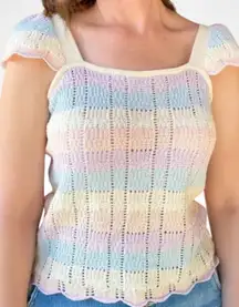 ANDREE BY UNIT Pastel Striped Knit Sweater Crochet Tank Ruffle Cap Sleeve Top S