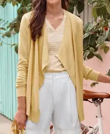 Garnet Hill Sweater Easy Linen Drape Front Cardigan Womens MED Mustard Yellow