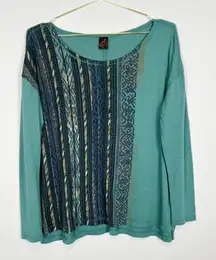 Peruvian Connection Green Pima Cotton Long‎ Sleeve Aztec Shirt Size XS