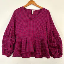 🦋 Allison Joy Red Blue Plaid Puff Sleeve Balloon Long Sleeve Peplum Blouse