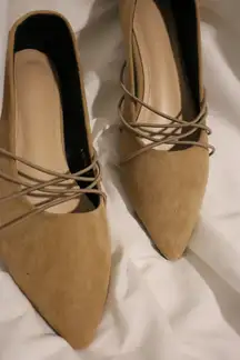Tan Suede Pointed Toe Flats Ballet Cross Front Straps Strappy Detail