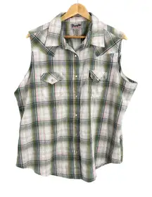 Wrangler Womens XXL Sleeveless Plaid Snap Button Western Shirt Green Pink Check