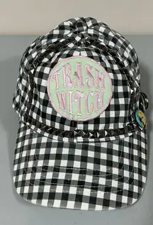 Black White Gingham Plaid ‘Trash Witch’ Patch Patches Studded Baseball Cap Trucker Hat 🔮✨🤍🖤