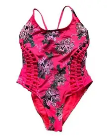 TiniBikini Floral Laced Up Sides Detailed One-Piece Swimsuit Red Size XS