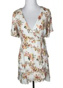 Abercrombie & Fitch Floral Wrap Dress XS V-Neck Short Sleeve Ruffle Hem White