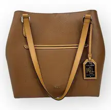 RLR Ralph Lauren Pebbled Lindley Alissa Leather Satchel Tote Bag Purse Tan