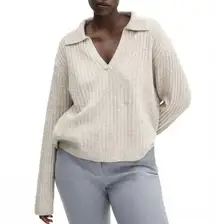 Mango Collar V-Neck Ribbed Knit Sweater Light/Pastel Grey NWT Size 2XL