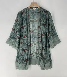 Mason & Belle Chiffon Floral Lace Kimono Cardigan Open Front Boho Feminine M