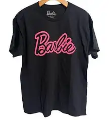 Barbie T Shirt Top Womens Medium Black Tee Pink Logo Spell Out Licensed NEW