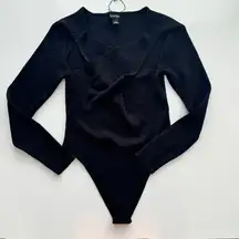 BOOHOO Black Ribbed Chest Cross‎ Cutout Bodysuit Size Large