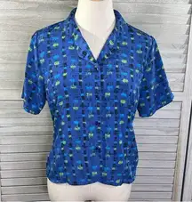 LIZ BAKER Vintage Short Sleeve Button Down Shirt Blue Black Green-6P