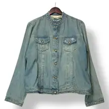 Chico's Women Denim Embellished Beaded Silk Applique Jacket Sz 2 L Boho Western